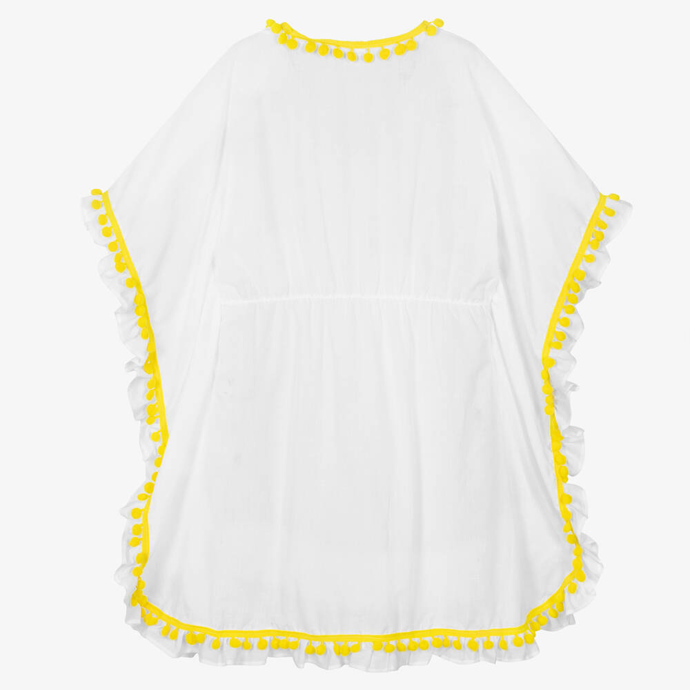 Nessi Byrd-Girls White Cotton Pom-Pom Kaftan | Childrensalon Outlet