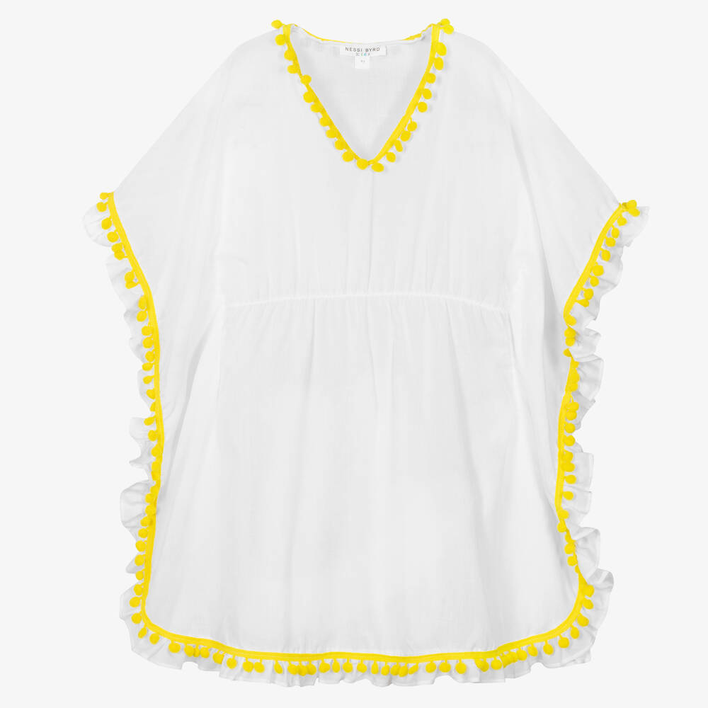 Nessi Byrd - Girls White Cotton Pom-Pom Kaftan | Childrensalon