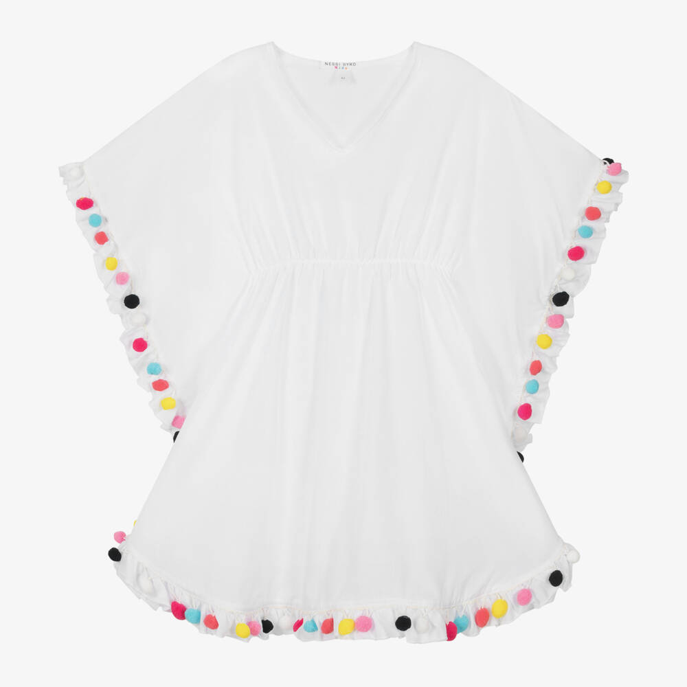 Nessi Byrd-Girls White Cotton Pom-Pom Kaftan | Childrensalon Outlet