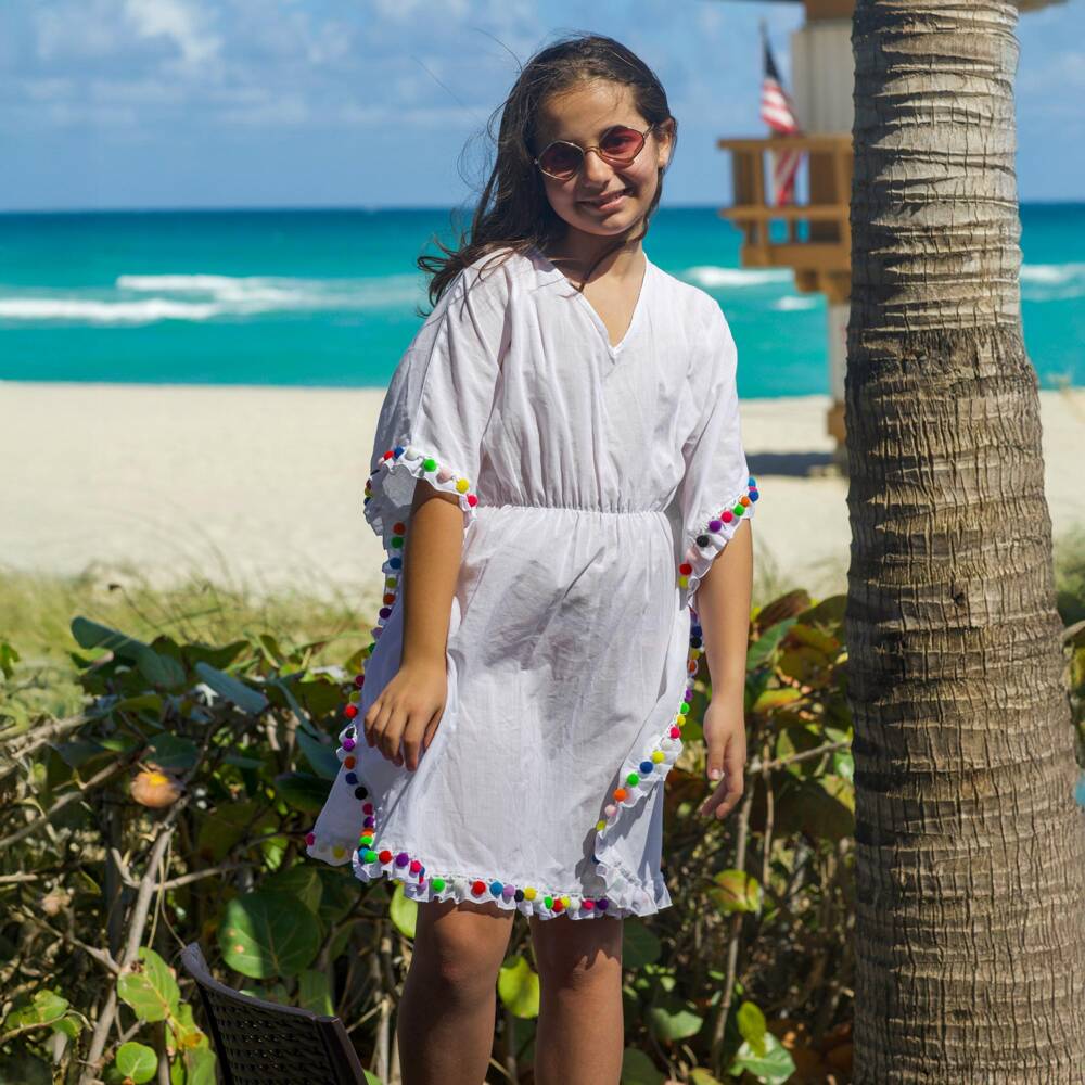 Nessi Byrd-Girls White Cotton Pom-Pom Kaftan | Childrensalon Outlet
