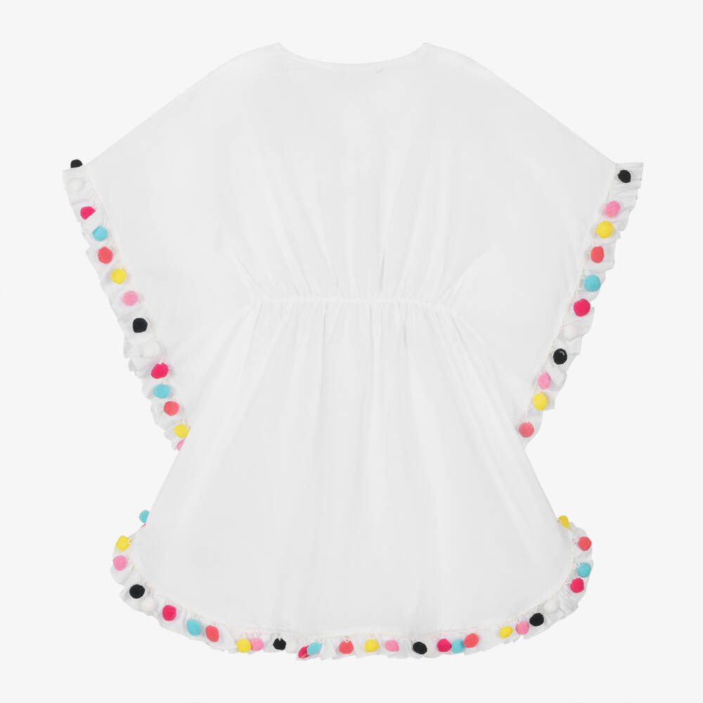 Nessi Byrd-Girls White Cotton Pom-Pom Kaftan | Childrensalon Outlet