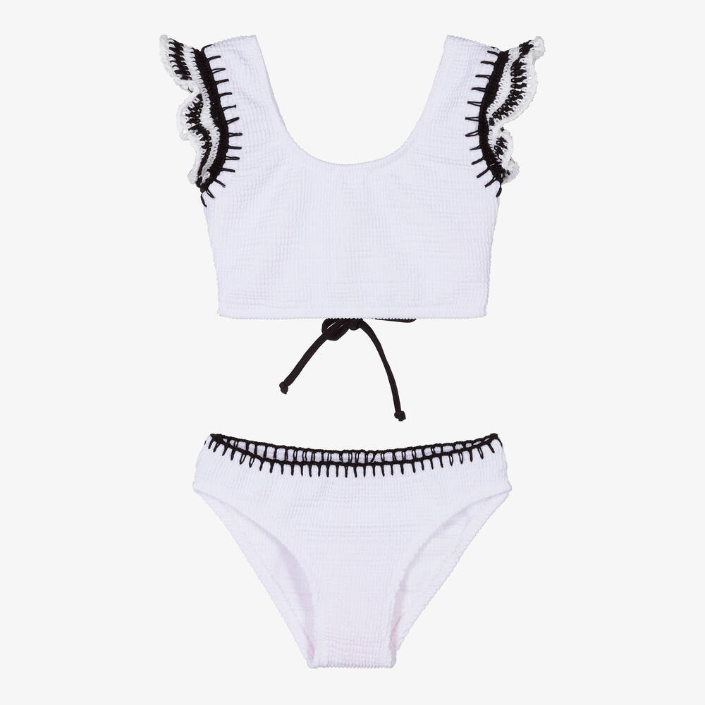 Nessi Byrd - Girls White Crochet Frill Bikini (UV50) | Childrensalon