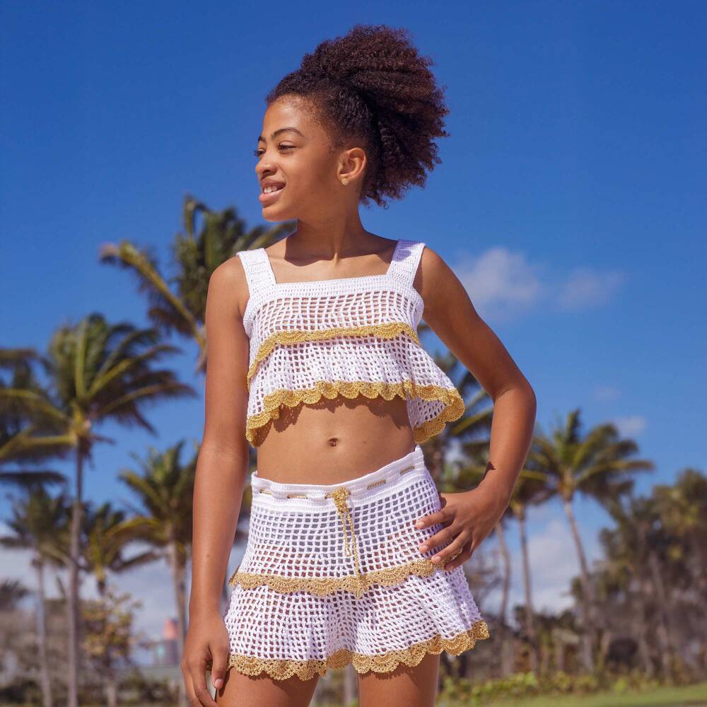 Nessi Byrd-Girls White & Gold Crochet Beach Skirt | Childrensalon Outlet