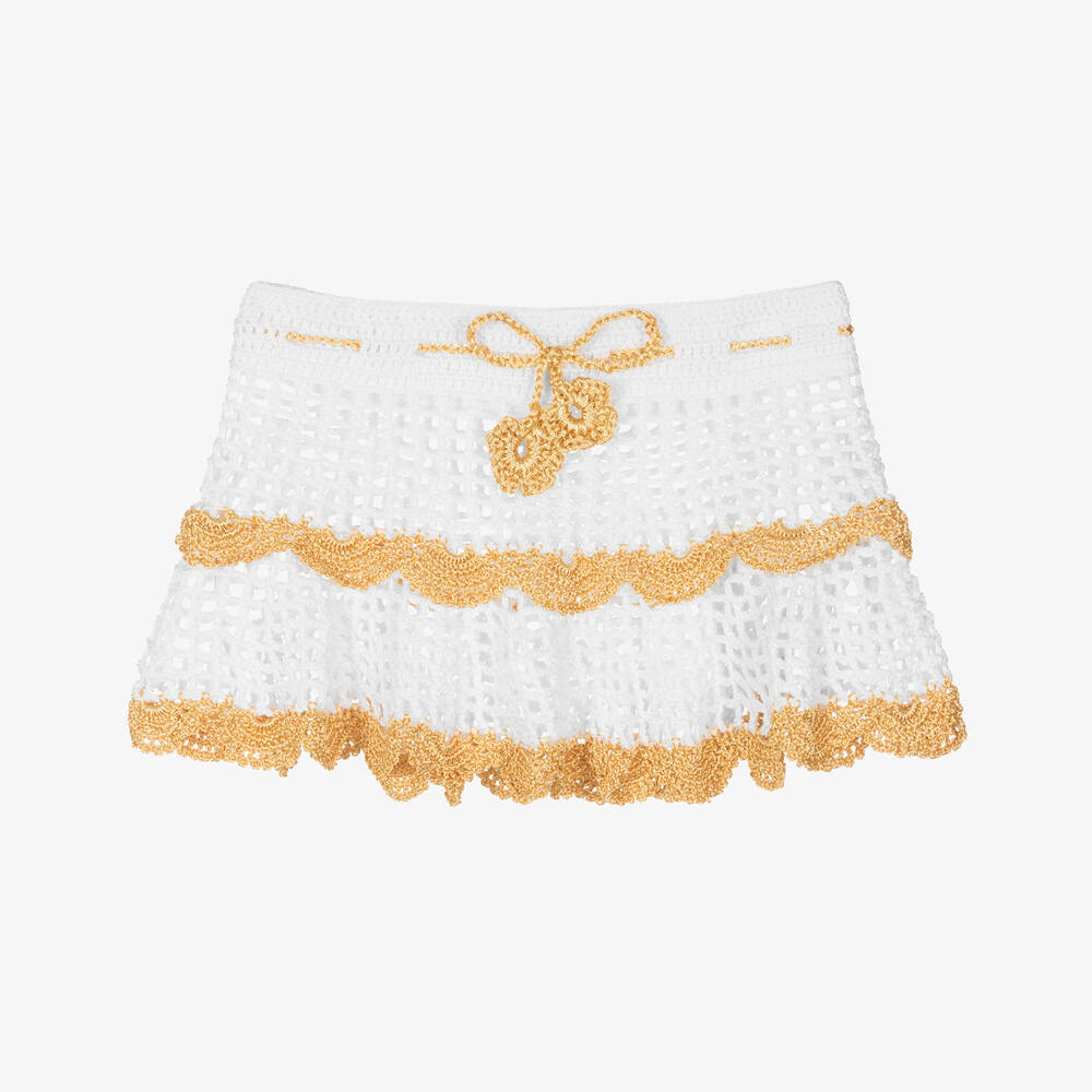 Nessi Byrd-Girls White & Gold Crochet Beach Skirt | Childrensalon Outlet