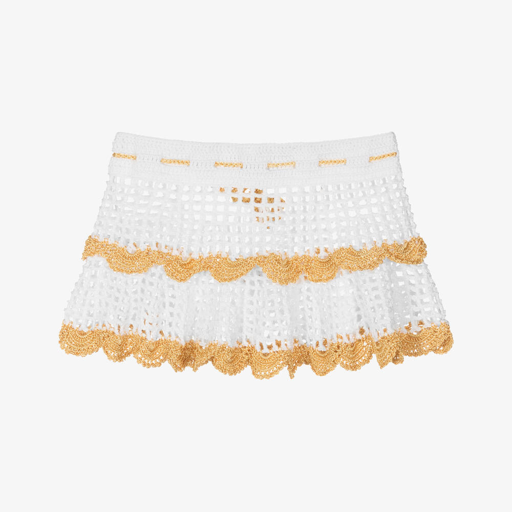 Nessi Byrd-Girls White & Gold Crochet Beach Skirt | Childrensalon Outlet