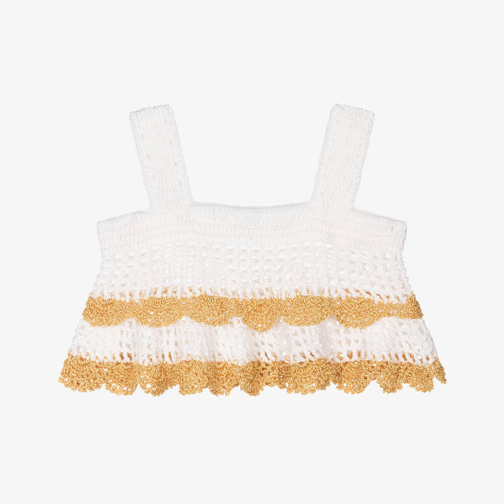 Nessi Byrd-Girls White & Gold Crochet Beach Top | Childrensalon Outlet