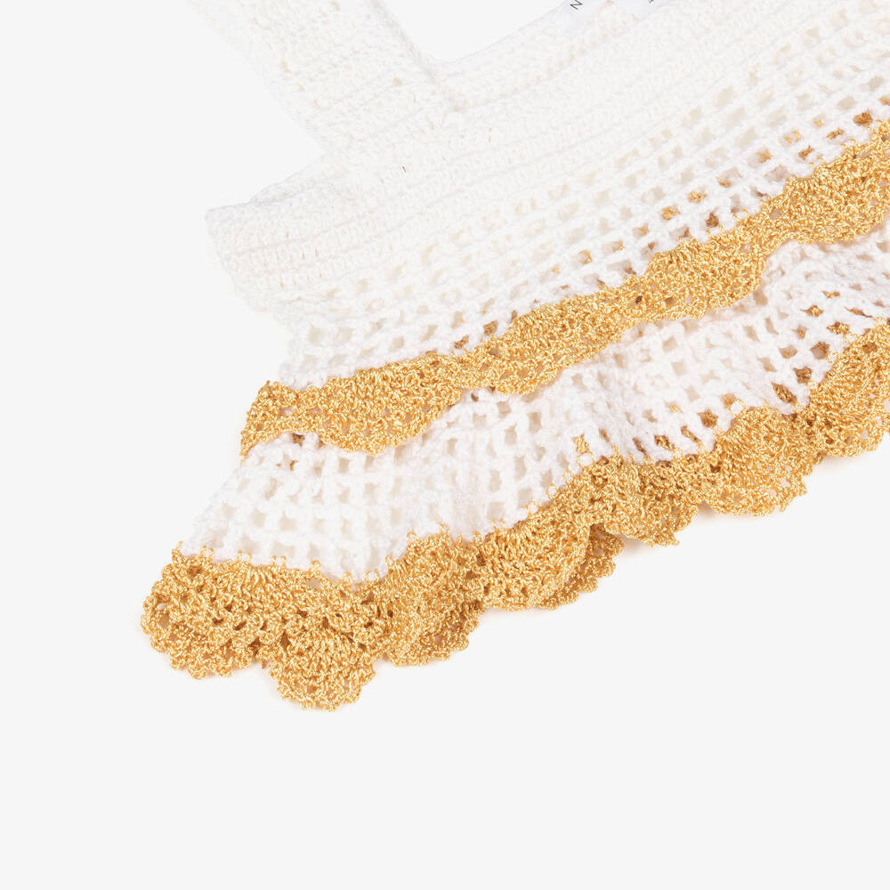 Nessi Byrd-Girls White & Gold Crochet Beach Top | Childrensalon Outlet