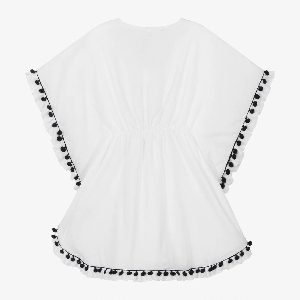 نيسي بيرد-قفطان قطن لون أبيض مزين ببوم-بوم للبنات | Childrensalon Outlet