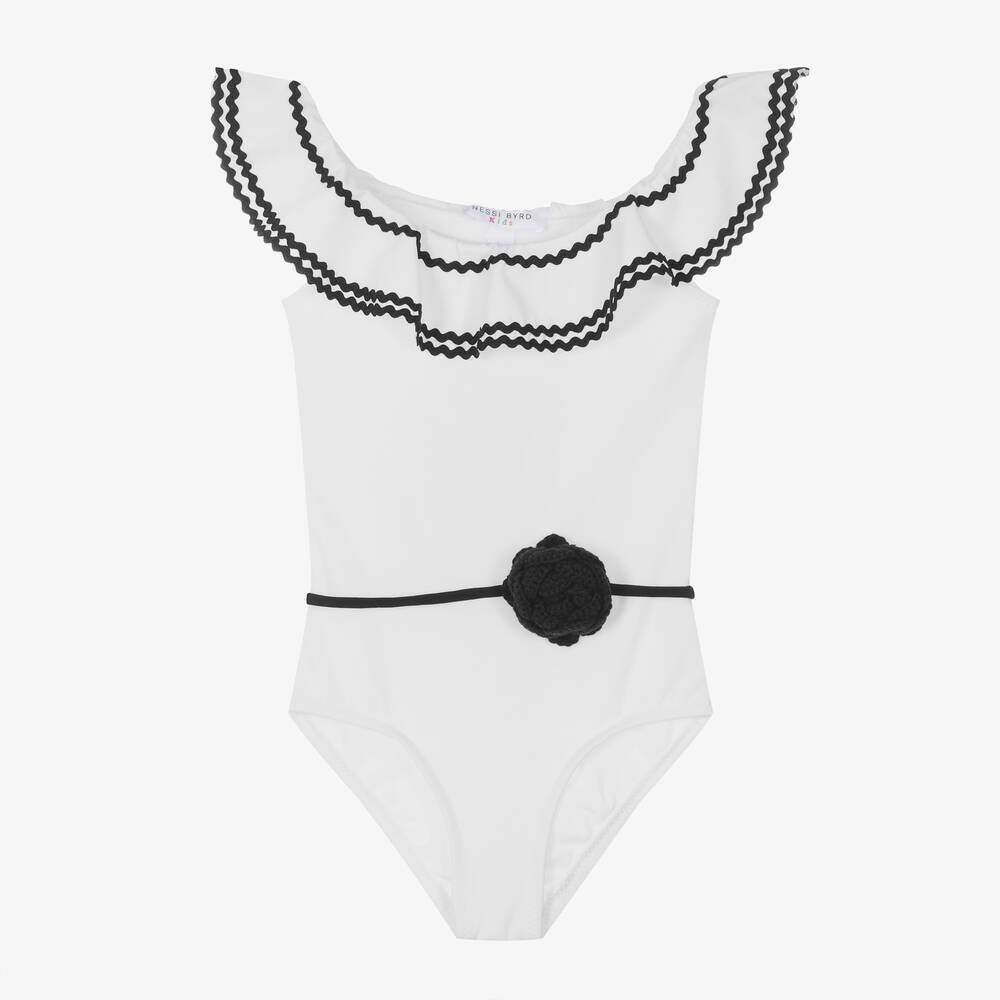 Nessi Byrd-Girls White Ruffle Swimsuit (UV50) | Childrensalon Outlet