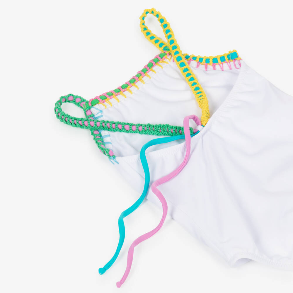Nessi Byrd-Girls White Swimsuit with Multicolour Trims (UV50) | Childrensalon Outlet