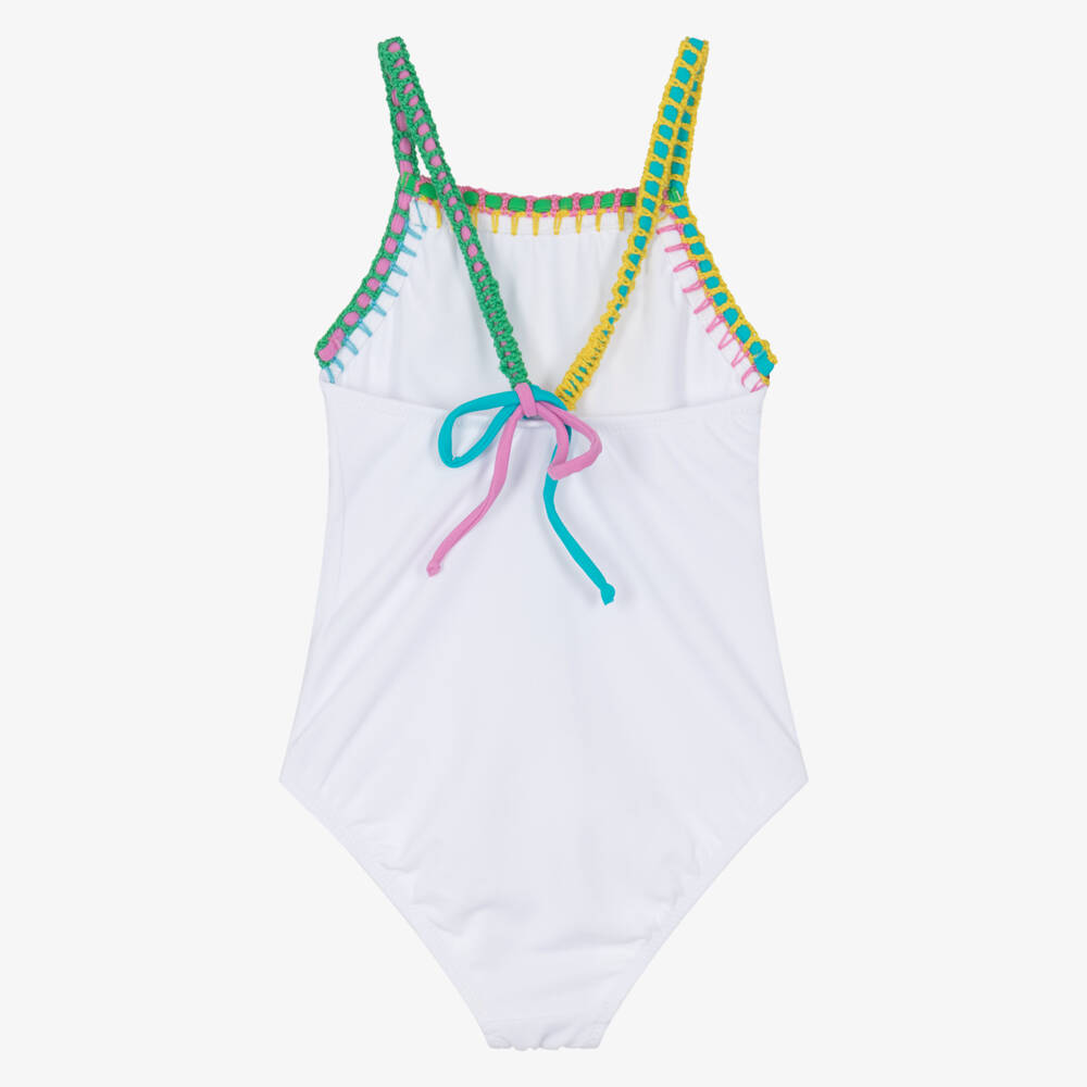 Nessi Byrd-Girls White Swimsuit with Multicolour Trims (UV50) | Childrensalon Outlet