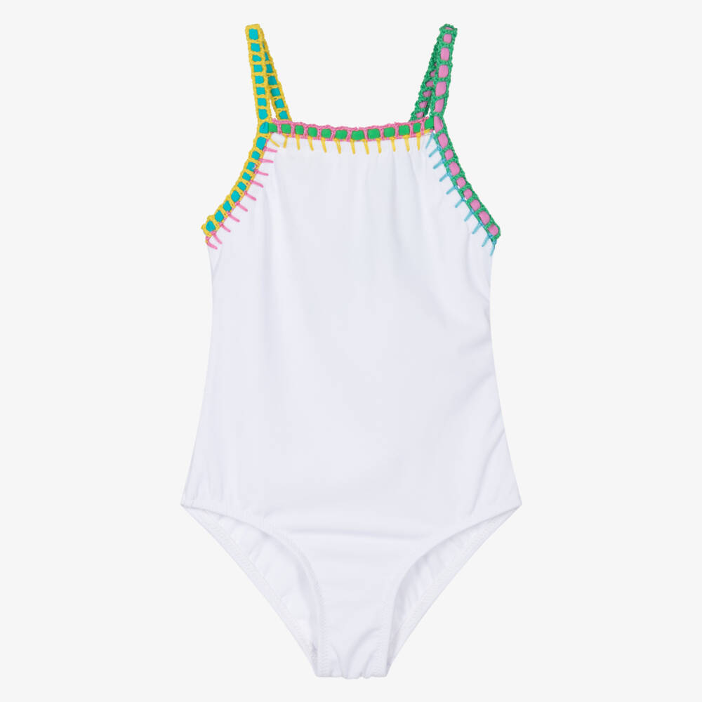 Nessi Byrd-Girls White Swimsuit with Multicolour Trims (UV50) | Childrensalon Outlet