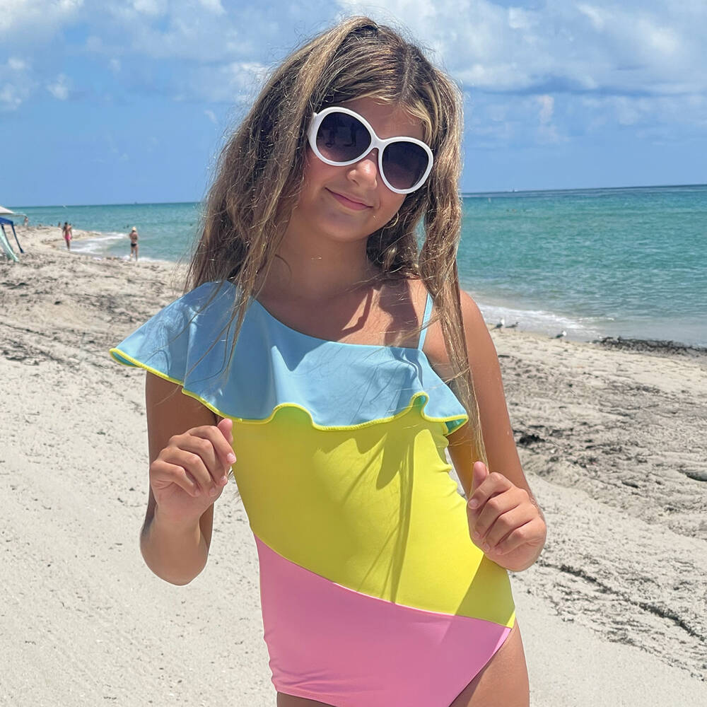 Nessi Byrd-Girls Yellow & Pink Colourblock Ruffle Swimsuit (UV50) | Childrensalon Outlet