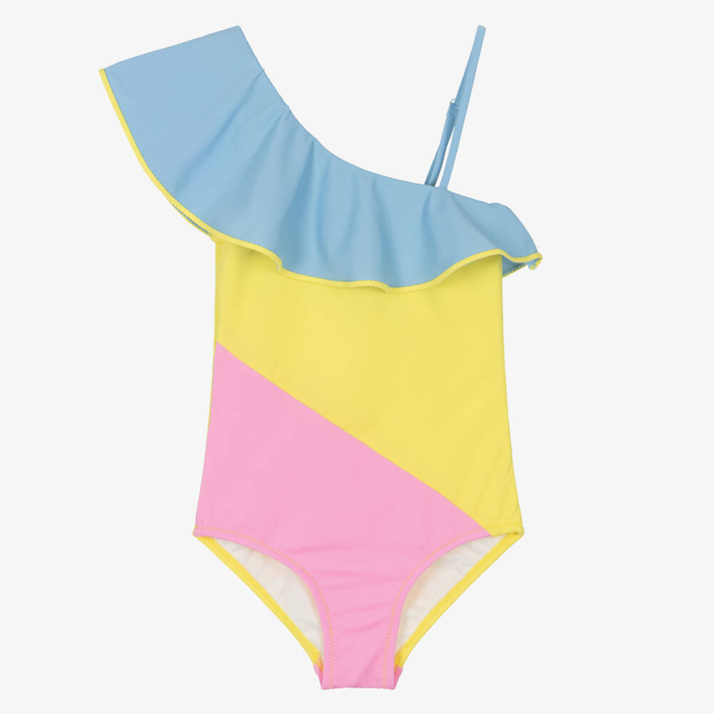 Nessi Byrd-Girls Yellow & Pink Colourblock Ruffle Swimsuit (UV50) | Childrensalon Outlet