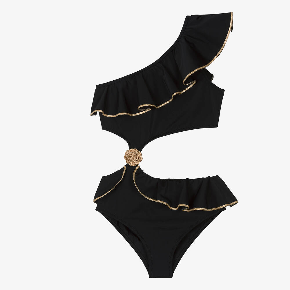 Nessi Byrd-Teen Girls Black One Shoulder Swimsuit (UV50) | Childrensalon Outlet