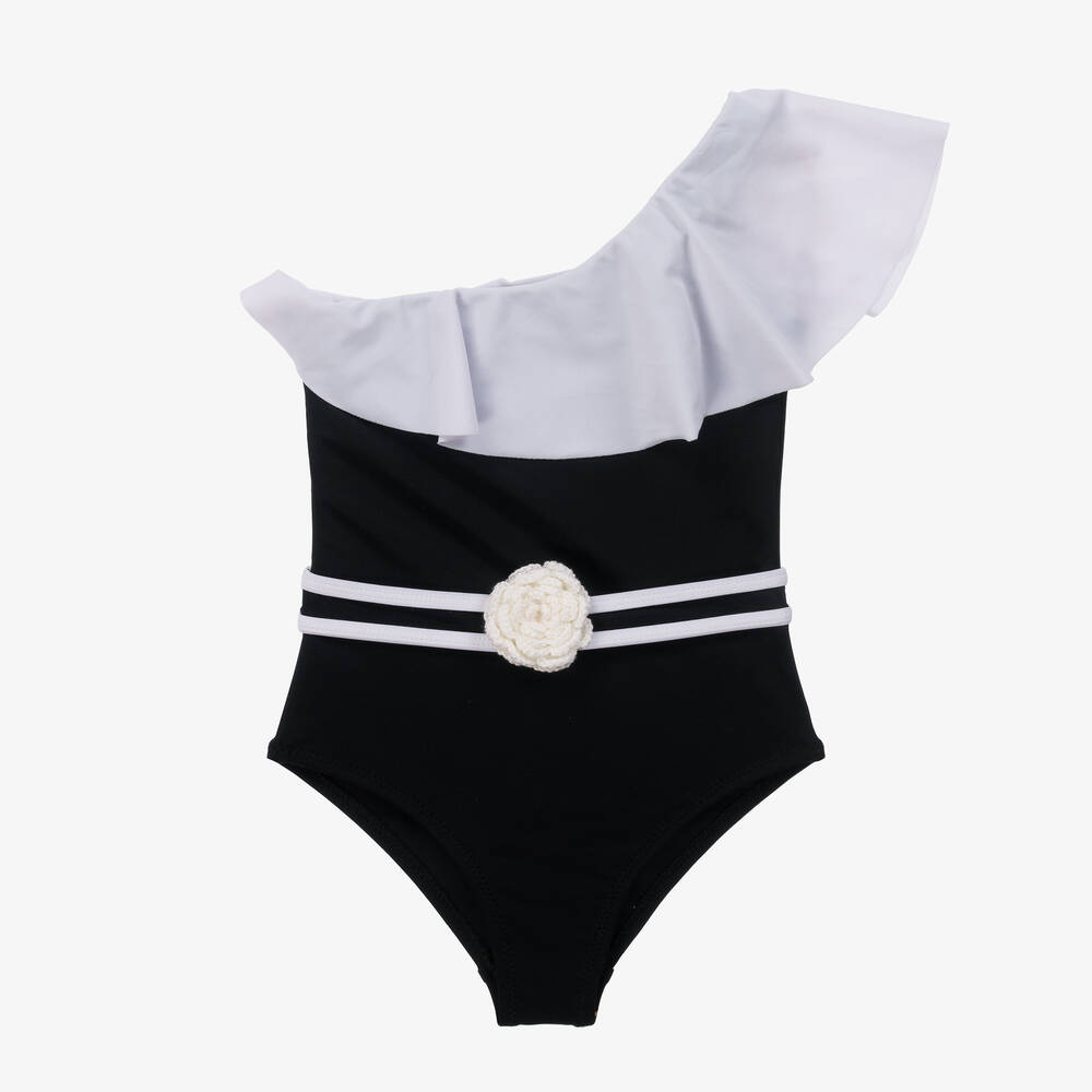 Nessi Byrd - Teen Girls Black & White Asymmetric Swimsuit (UV50) | Childrensalon