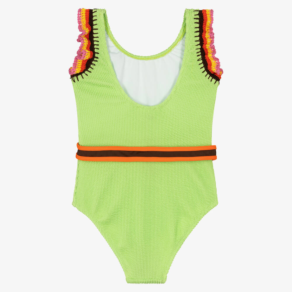 Nessi Byrd-Teen Girls Green Crochet Trim Swimsuit (UV50) | Childrensalon Outlet