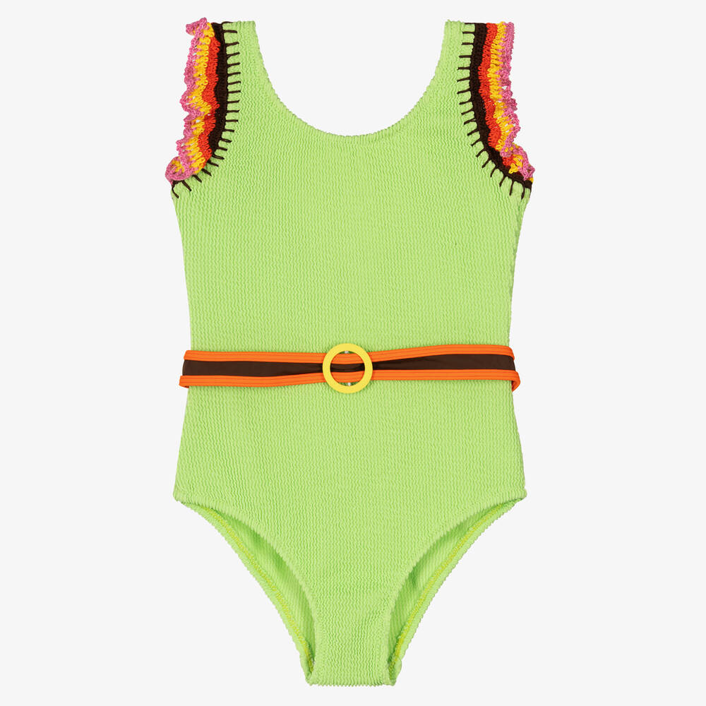 Nessi Byrd - Teen Girls Green Crochet Trim Swimsuit (UV50) | Childrensalon