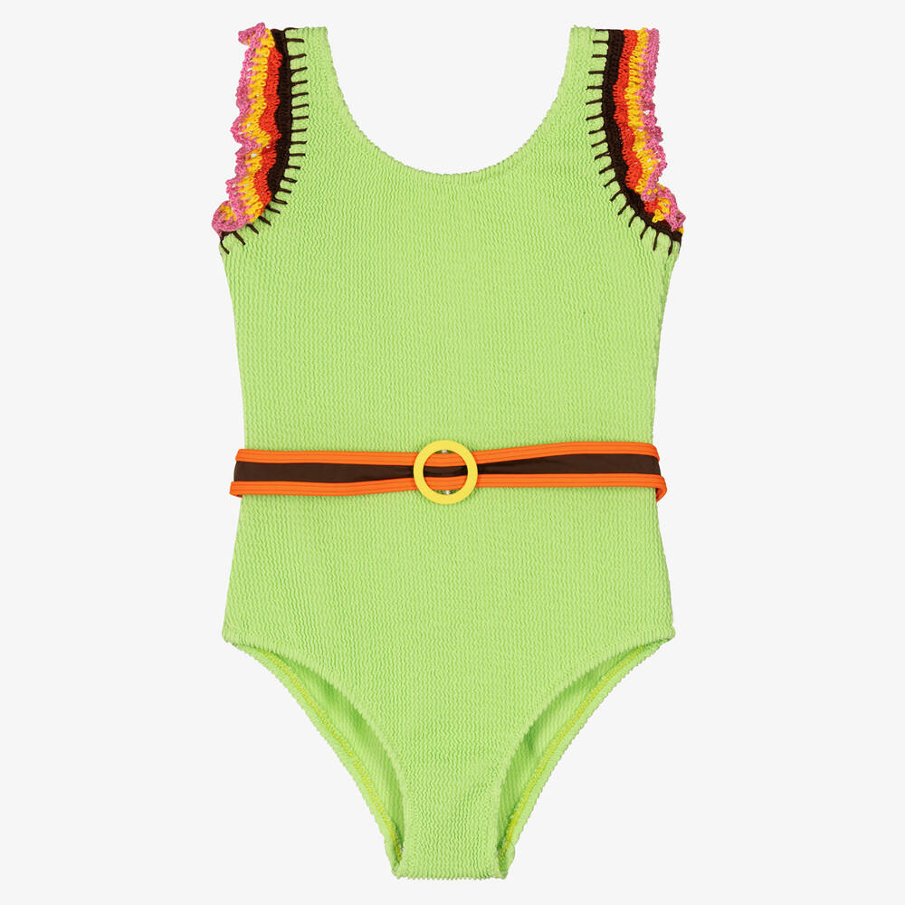 Nessi Byrd-Teen Girls Green Crochet Trim Swimsuit (UV50) | Childrensalon Outlet