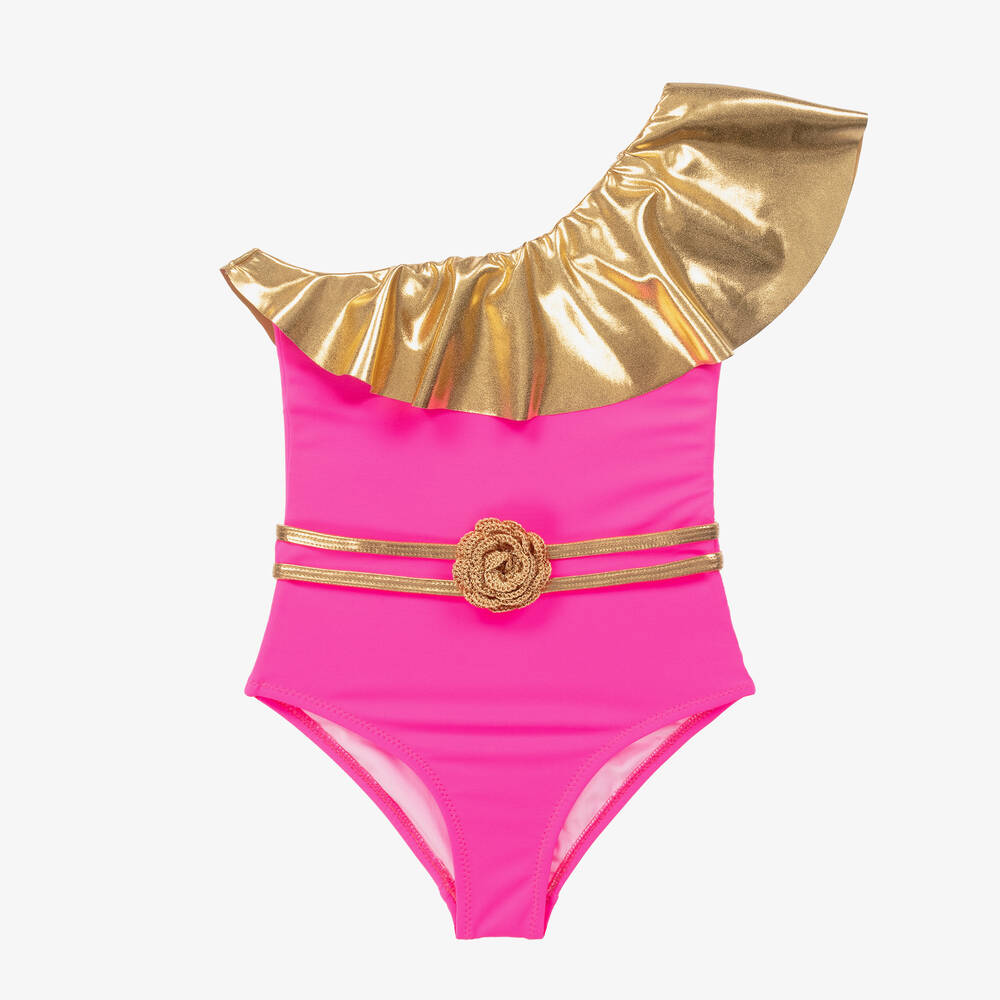 Nessi Byrd - Неоново-розовый асимметричный купальник с золотистой оборкой (UV50) | Childrensalon
