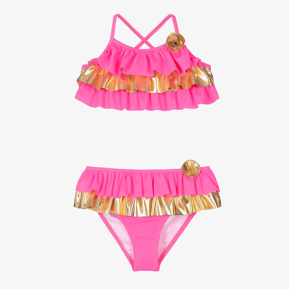 Nessi Byrd - Teen Girls Neon Pink & Gold Bikini (UV50) | Childrensalon