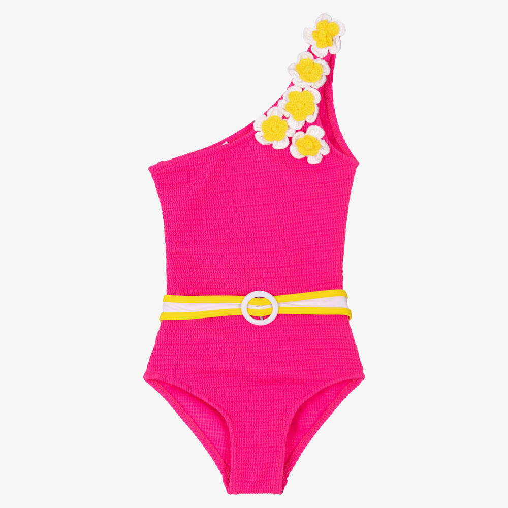 Nessi Byrd - Teen Girls Pink Crochet Daisy Swimsuit (UV50) | Childrensalon