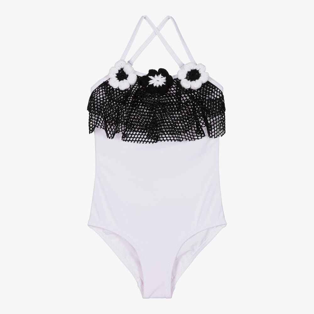 Nessi Byrd - Teen Girls White & Black Mesh Swimsuit (UV50) | Childrensalon