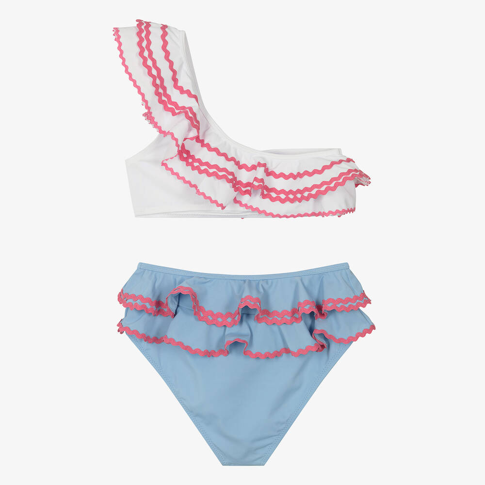 Nessi Byrd-Teen Girls White & Blue Ruffle Bikini (UV50) | Childrensalon Outlet