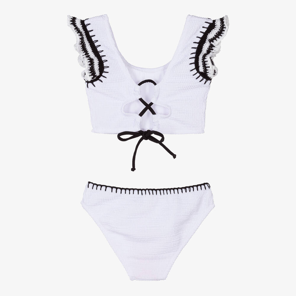 Nessi Byrd Teen Girls White Crochet Frill Bikini UV50