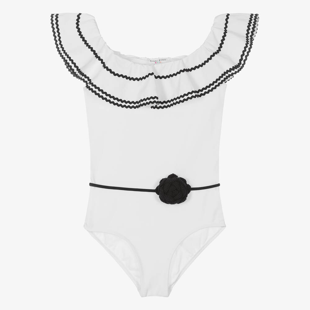 Nessi Byrd-Teen Girls White Ruffle Swimsuit (UV50) | Childrensalon Outlet