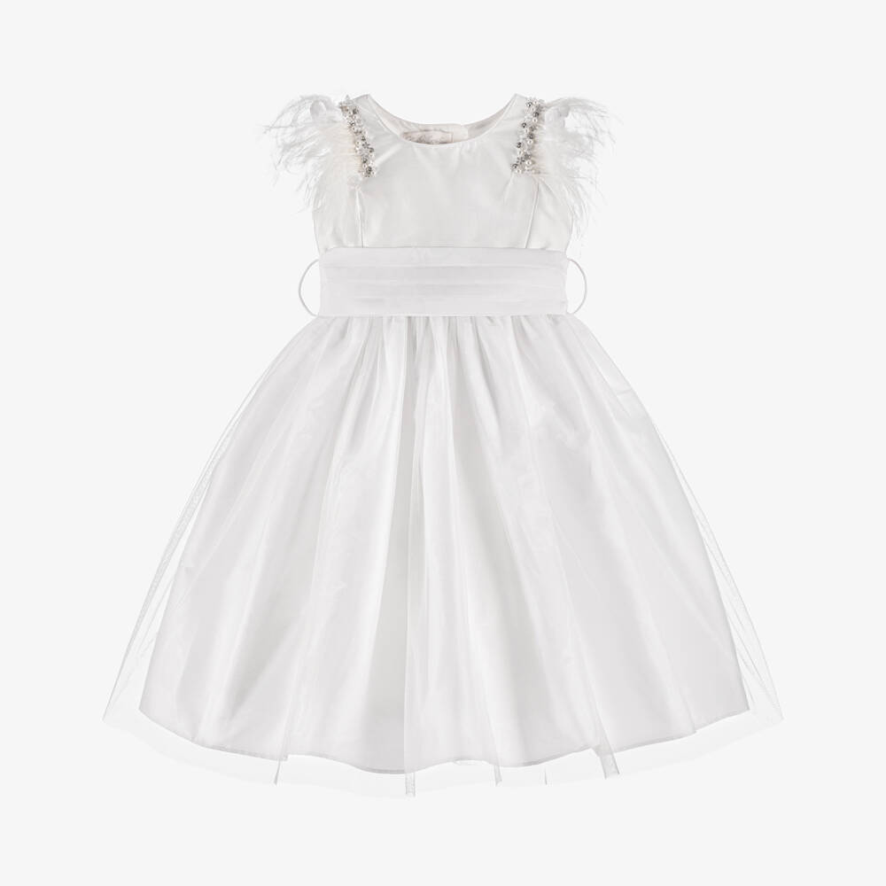 Nicki Macfarlane-Girls White Silk Feathered Dress | Childrensalon Outlet