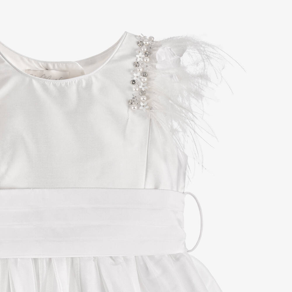 Nicki Macfarlane-Girls White Silk Feathered Dress | Childrensalon Outlet