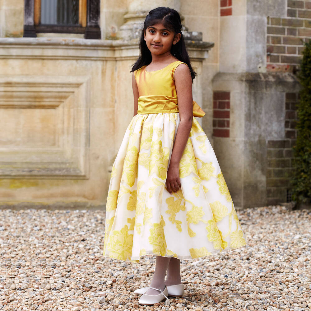 Nicki Macfarlane-فستان حرير وأورغانزا ستايل باليرينا لون ذهبي وعاجي | Childrensalon Outlet