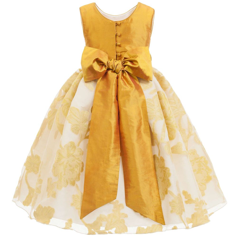 Nicki Macfarlane-فستان حرير وأورغانزا ستايل باليرينا لون ذهبي وعاجي | Childrensalon Outlet