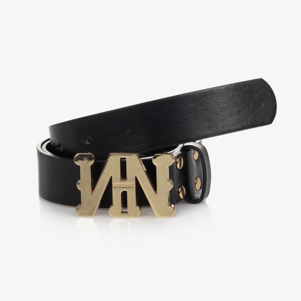 NIK&NIK - Girls Black Leather Logo Belt  | Childrensalon