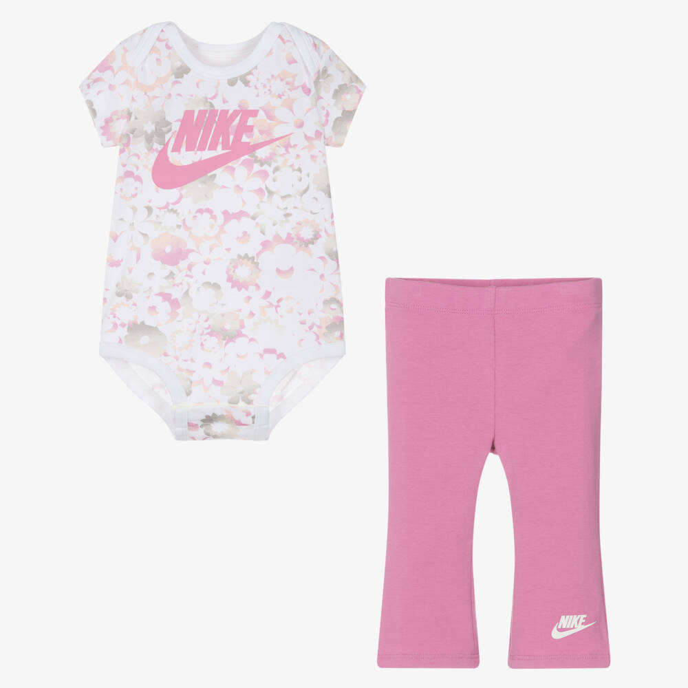 Nike-Baby Girls Pink Cotton Swoosh Logo Floral Leggings Set | Childrensalon Outlet