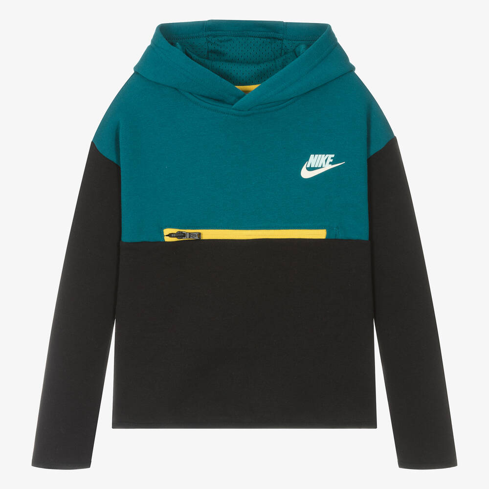 Nike - توب هودي قطن جيرسي لون أسود وأخضر فيروزي | Childrensalon