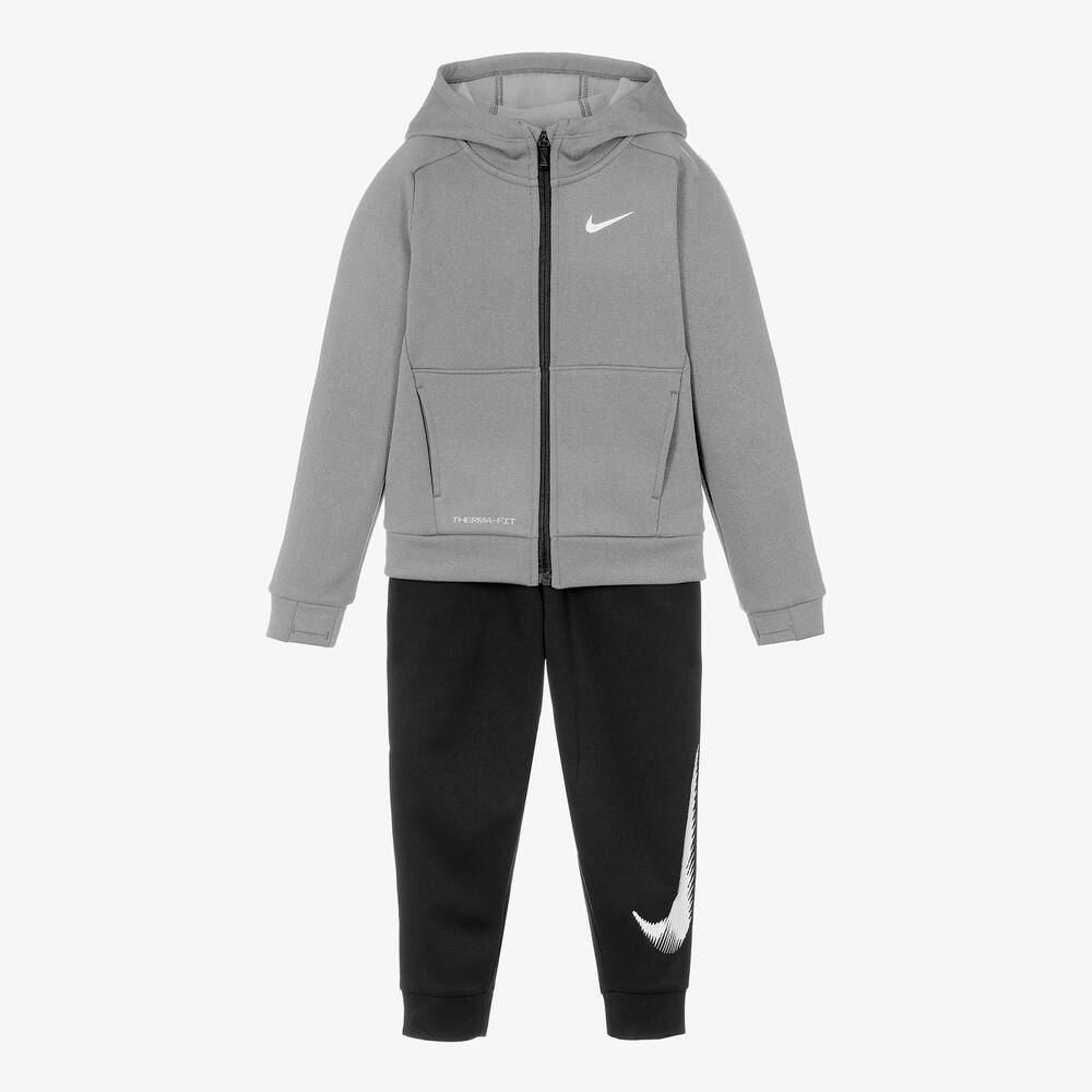 Nike - بدلة رياضية بسحّاب جيرسي لون رمادي وأسود للأولاد | Childrensalon