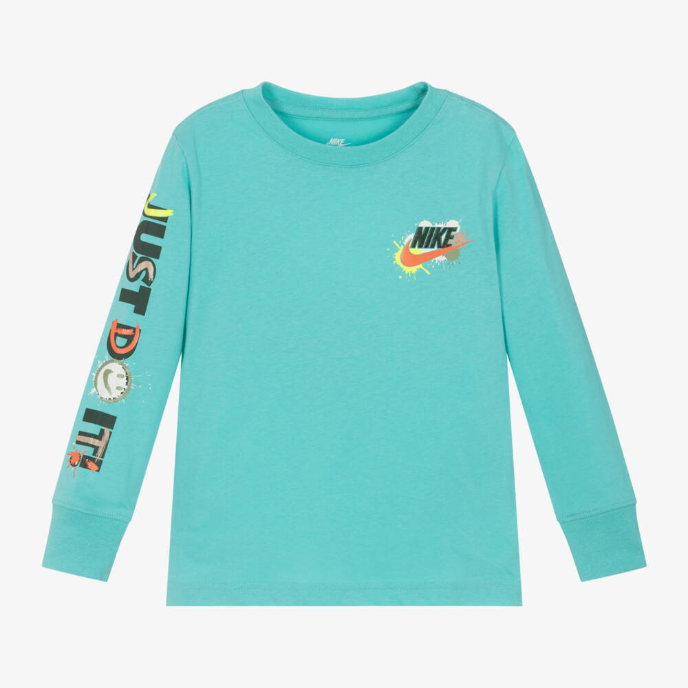 Nike-Boys Turquoise Slogan Cotton Top | Childrensalon Outlet