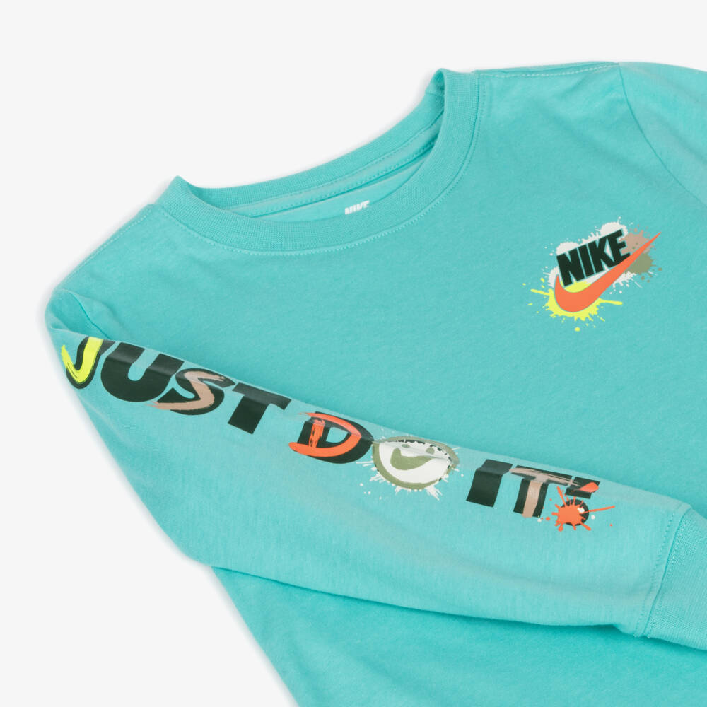 Nike-Boys Turquoise Slogan Cotton Top | Childrensalon Outlet