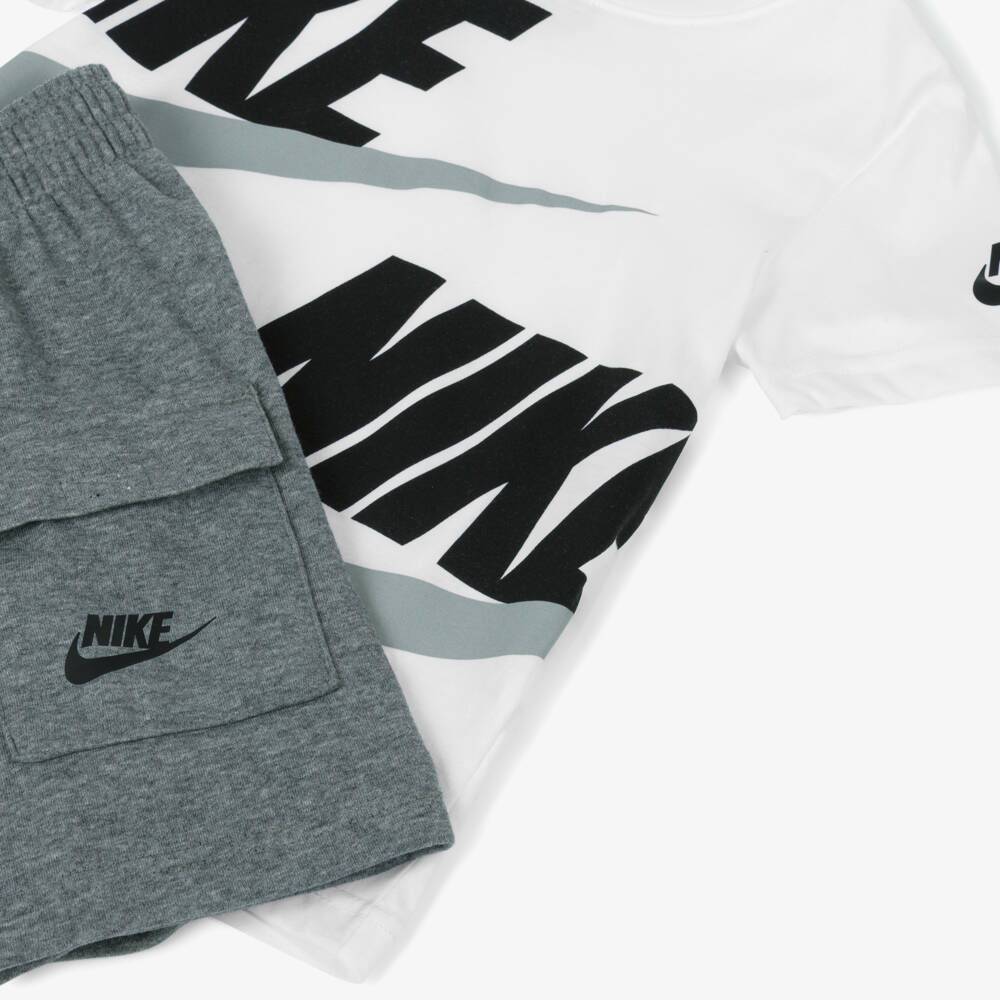 Nike-Boys White & Grey Swoosh Logo Shorts Set | Childrensalon Outlet