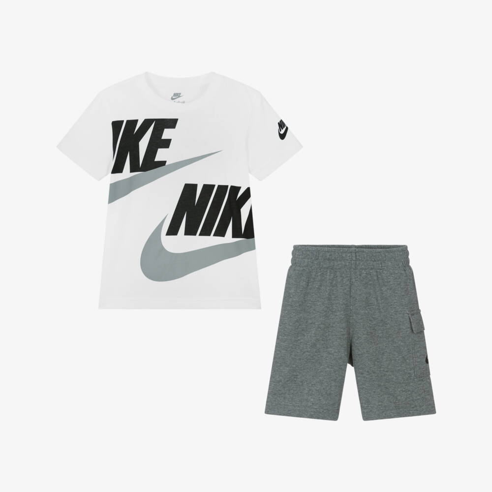 Nike-Boys White & Grey Swoosh Logo Shorts Set | Childrensalon Outlet