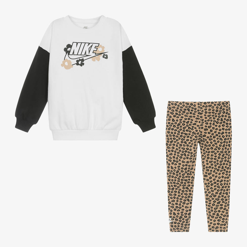 Nike Girls Beige Floral Cotton Leggings Set Childrensalon Outlet