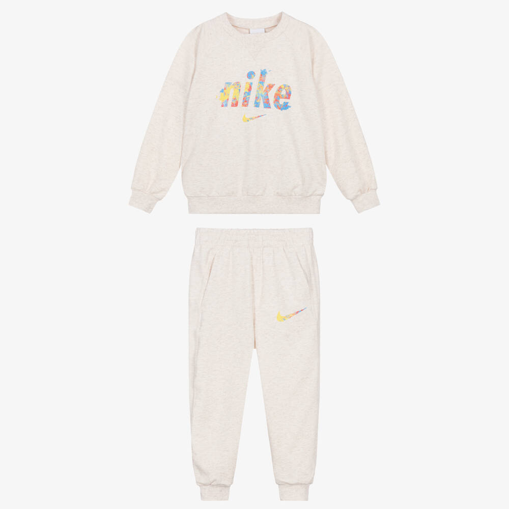 Nike-Girls Beige Marl Jersey Tracksuit with Paint Splatter Logos | Childrensalon Outlet