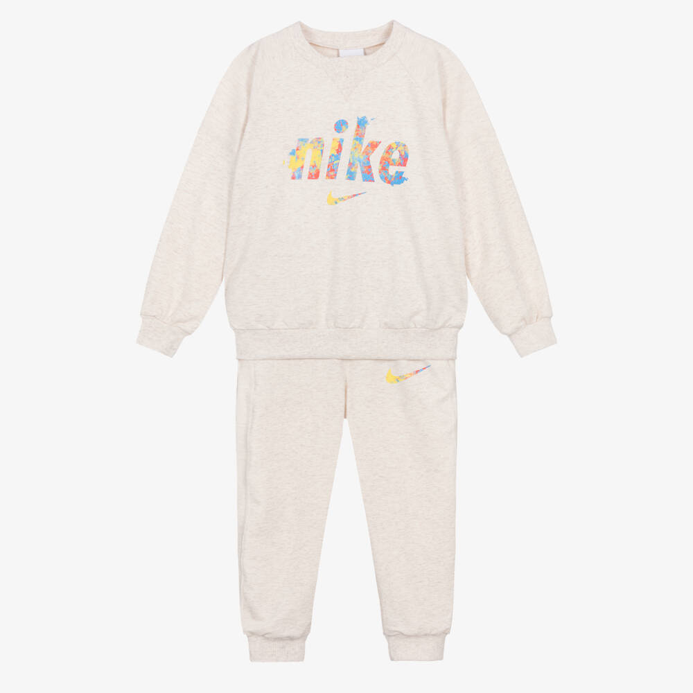 Nike-Girls Beige Marl Jersey Tracksuit with Paint Splatter Logos | Childrensalon Outlet