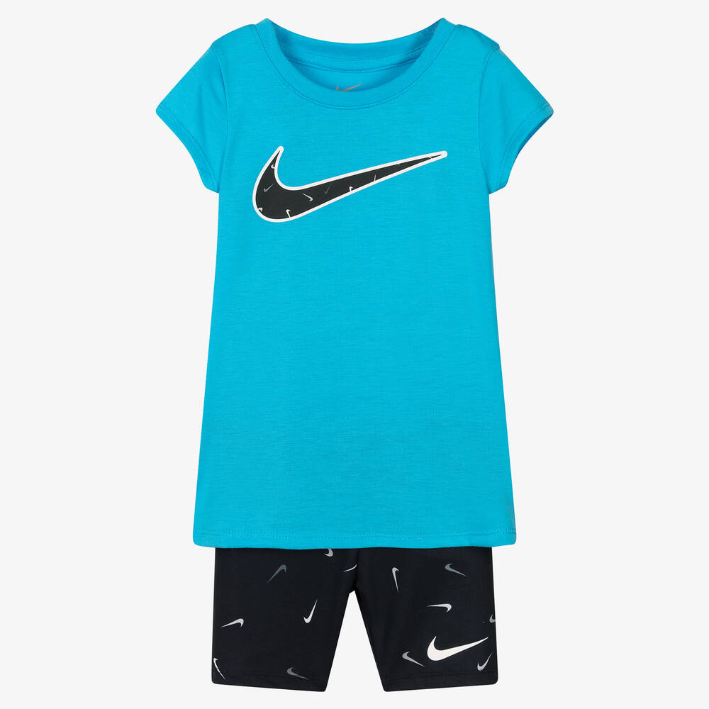 Nike - Girls Blue & Black Logo Jersey Shorts Set | Childrensalon