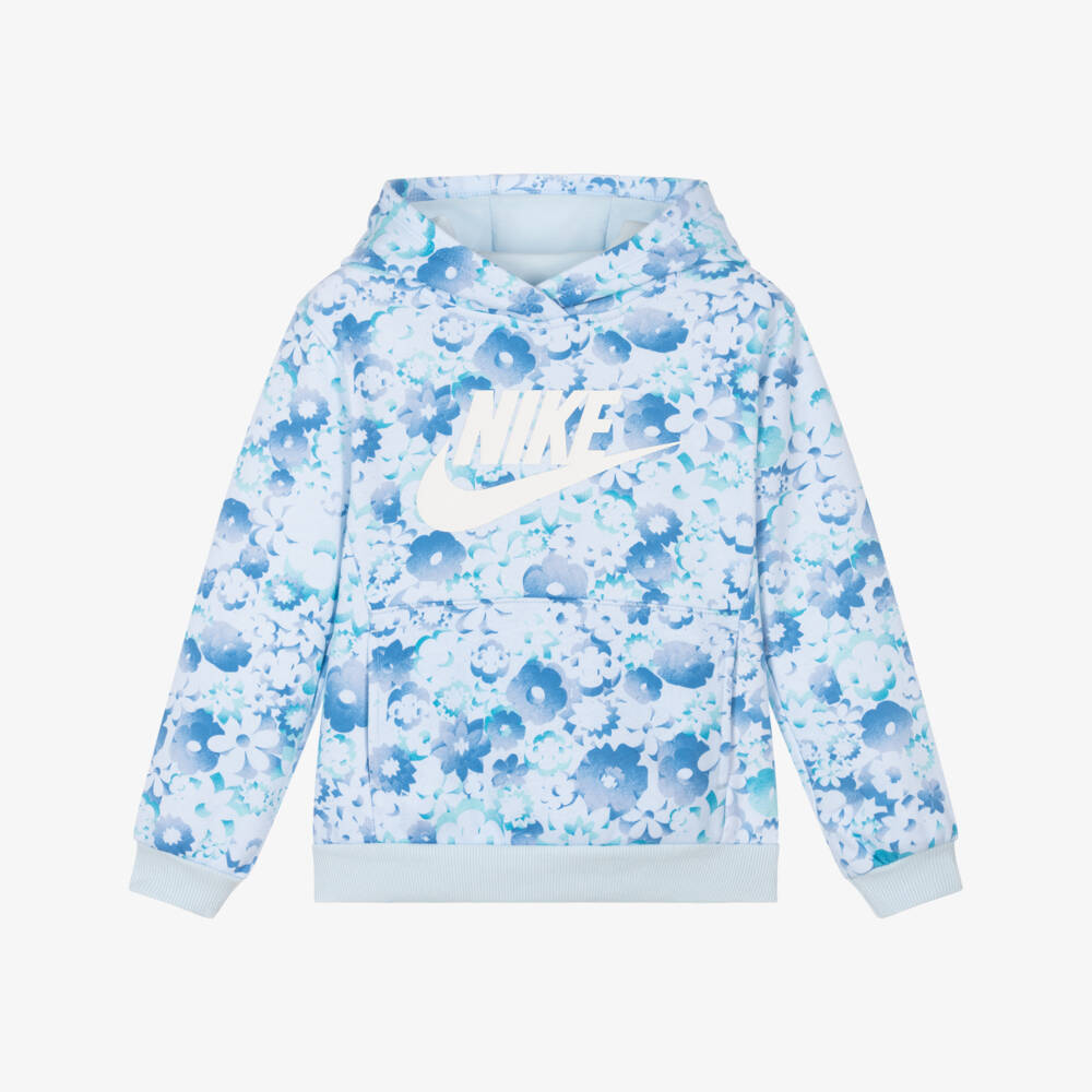 Nike-Girls Blue Floral Swoosh Logo Cotton Hoodie | Childrensalon Outlet