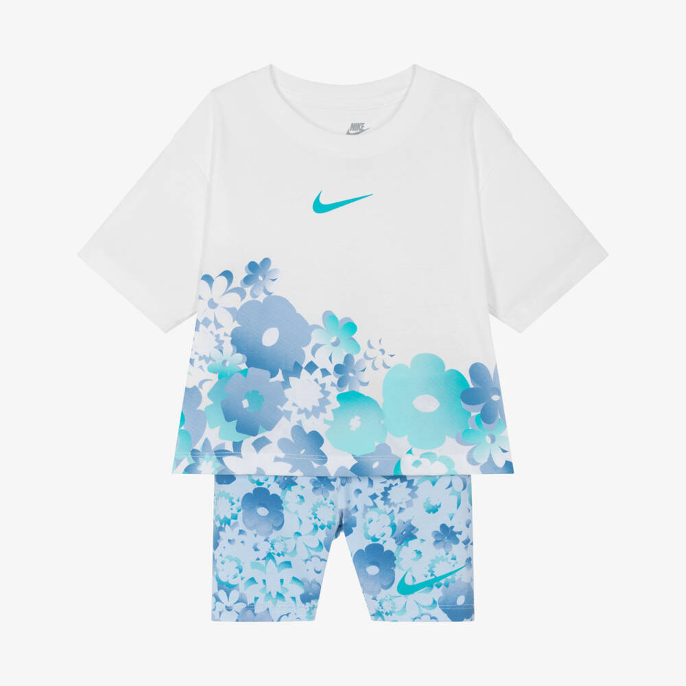 Nike-Girls Blue Floral Swoosh Logo Shorts Set | Childrensalon Outlet