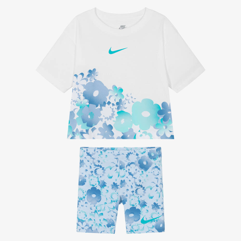 Nike-Girls Blue Floral Swoosh Logo Shorts Set | Childrensalon Outlet