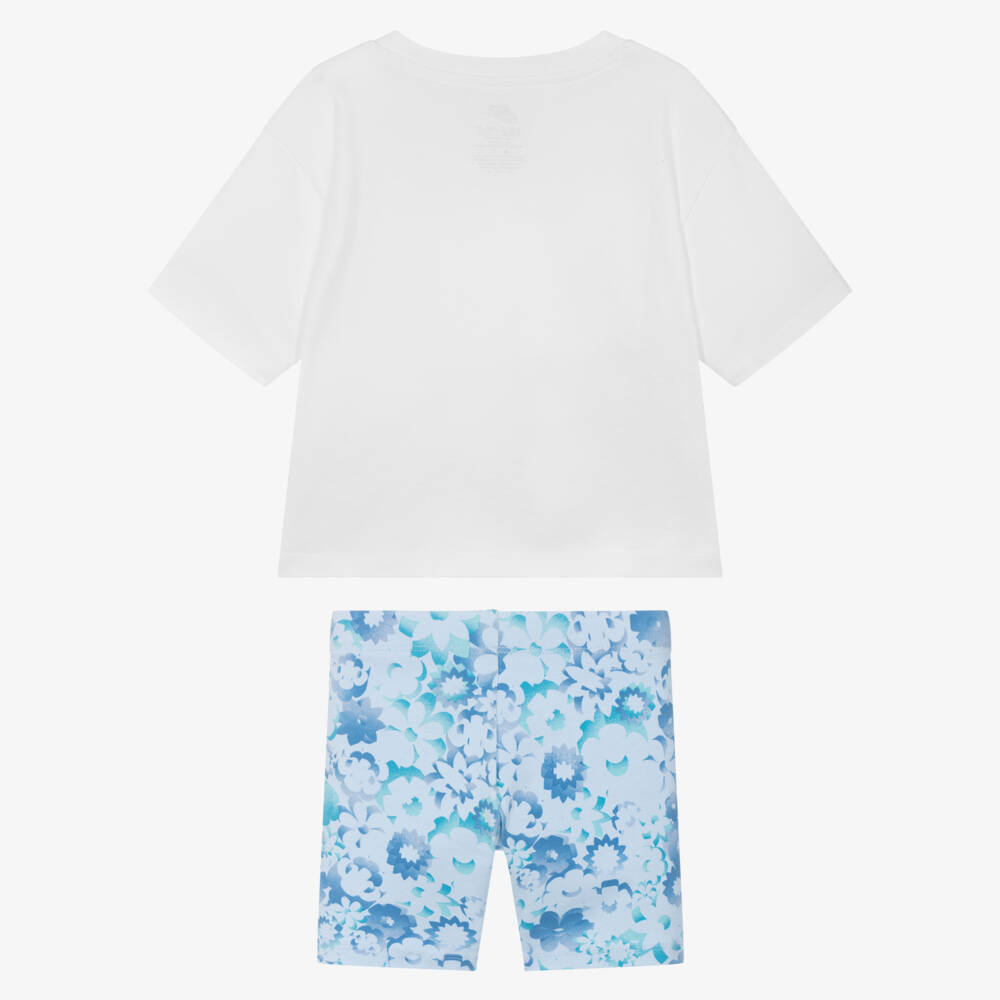 Nike-Girls Blue Floral Swoosh Logo Shorts Set | Childrensalon Outlet